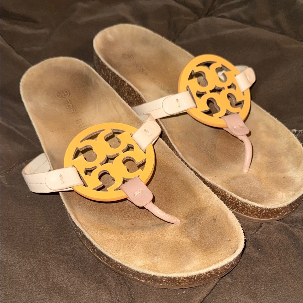 Tory Burch Sandals - White and Tan with Gold Accent